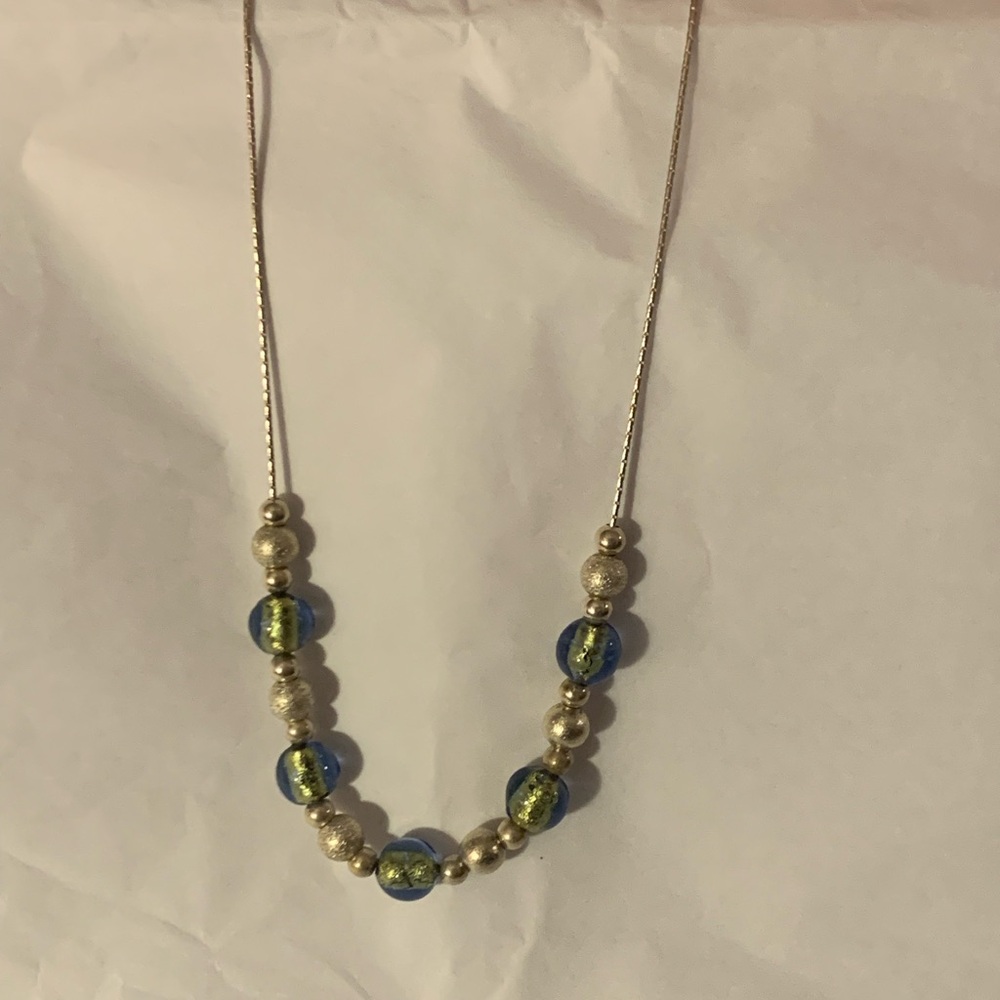 Silver and Blue Glass Beaded Necklace with Elegant Design